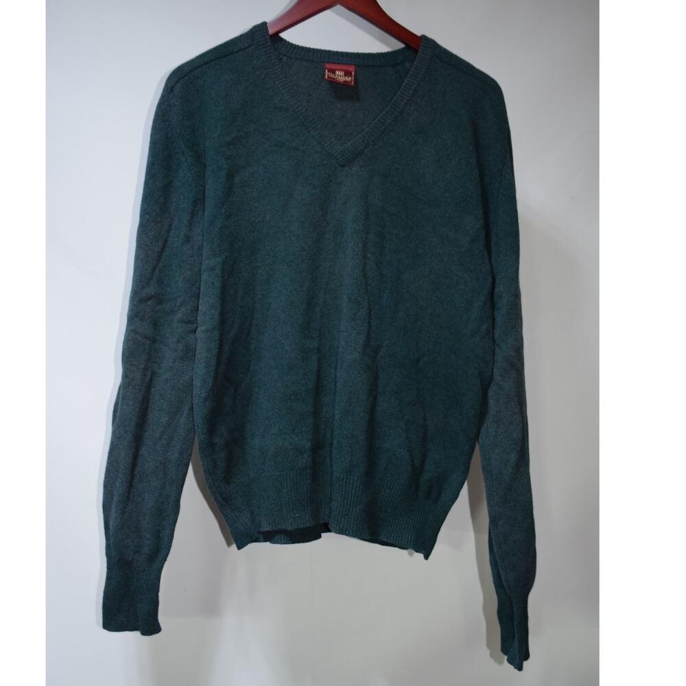 Vintage Nordstrom 100% Lambswool V-Neck Sweater Large Dark Green Wool Pullover